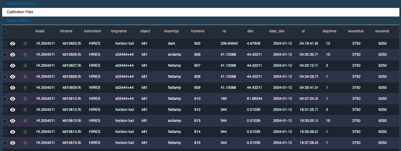 Calibration Files Table